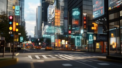 A photography of a modern city intersection with holographic traffic signals and floating digital maps displaying real time traffic flow and congestion levels