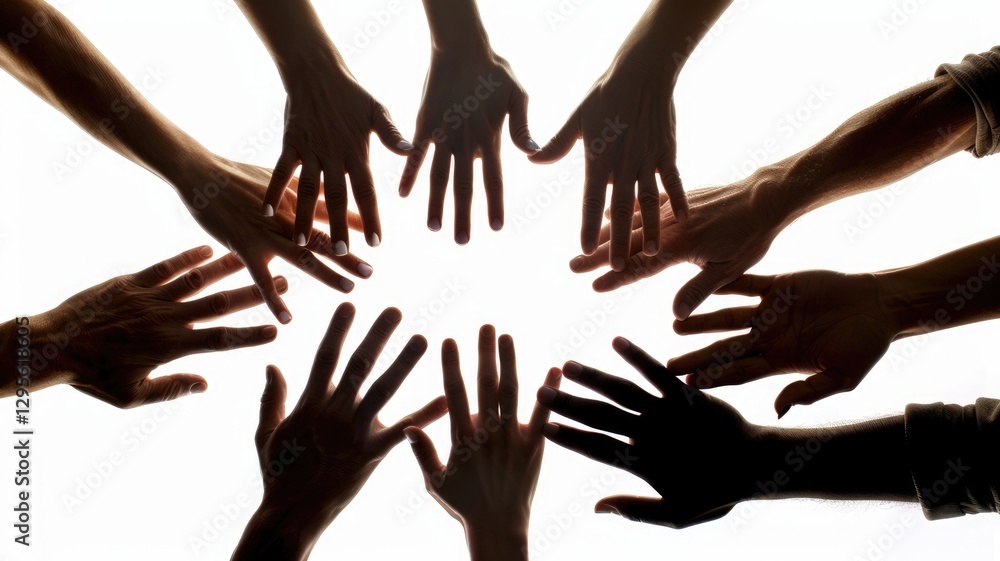 Poster a dynamic image of diverse hands reaching together in a circle, symbolizing teamwork and collaborati