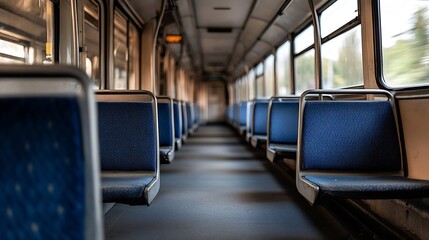 Fototapeta premium Interior of Public Transport Train Showing Empty Seats and Aisle Space : Generative AI