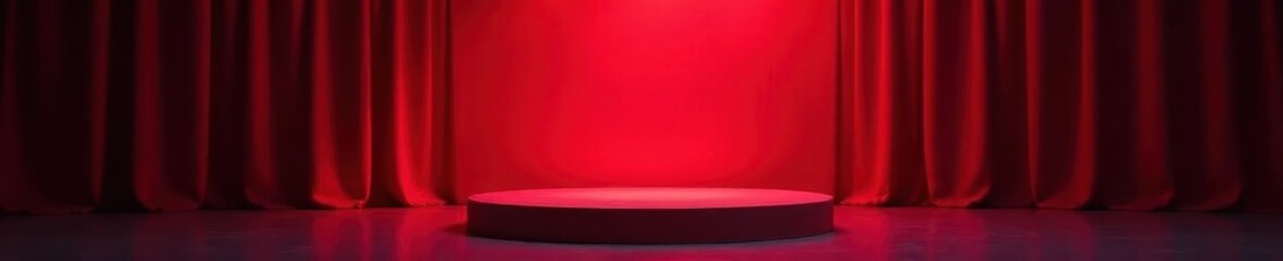 Obraz premium Elevated stage platform; red spotlight illuminates backdrop curtain, theater, stage, backstage