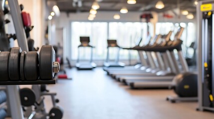 Fototapeta premium Modern gym interior with workout equipment poised and ready for an intense training session beneath bright lights : Generative AI