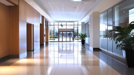 Fototapeta premium Luxurious office hallway featuring polished floors and ample natural light with decorative plants : Generative AI