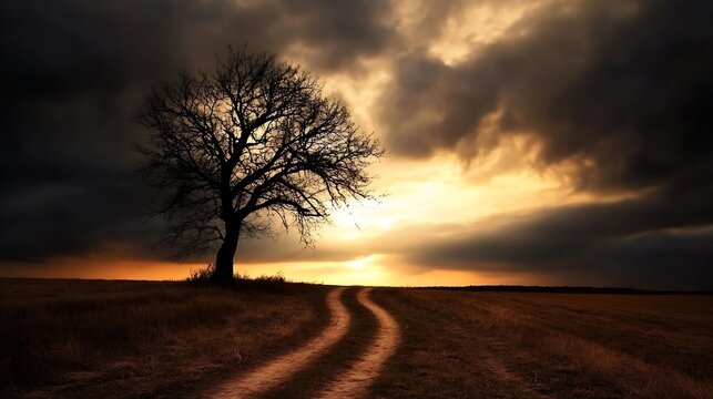 Isolated tree on a dirt path at sunset with dramatic clouds : Generative AI
