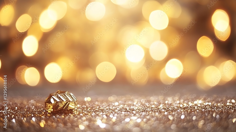 Poster glistening golden bokeh background with shiny decorative crystal reflecting light creates festive mo