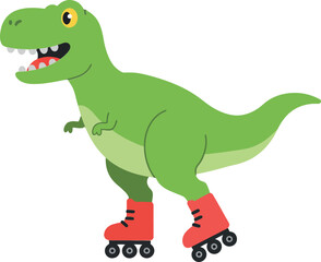 Obraz premium A playful green dinosaur on roller skates, showcasing vibrant colors and a cheerful expression in a fun, whimsical flat vector illustration