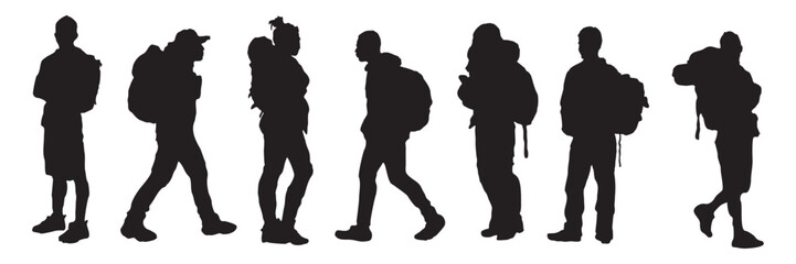 A group of people are walking in a line, each carrying a backpack. The silhouettes of the people are drawn, and the backpacks are shown as well. Concept of adventure and travel