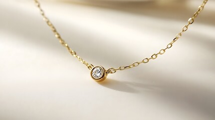 A delicate gold necklace with a small diamond pendant, displayed on a smooth white surface