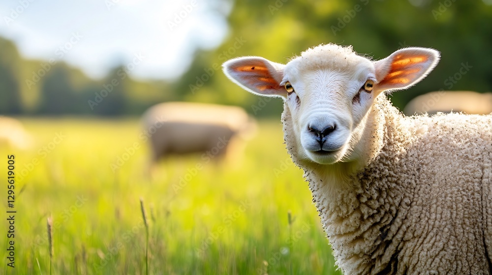 Poster curious sheep looking at the camera in a peaceful green meadow with other sheep grazing : generative