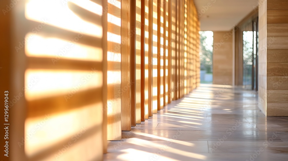 Leinwandbilder sunlight streaming through wooden slats creating striking patterns in a modern hallway : generative 