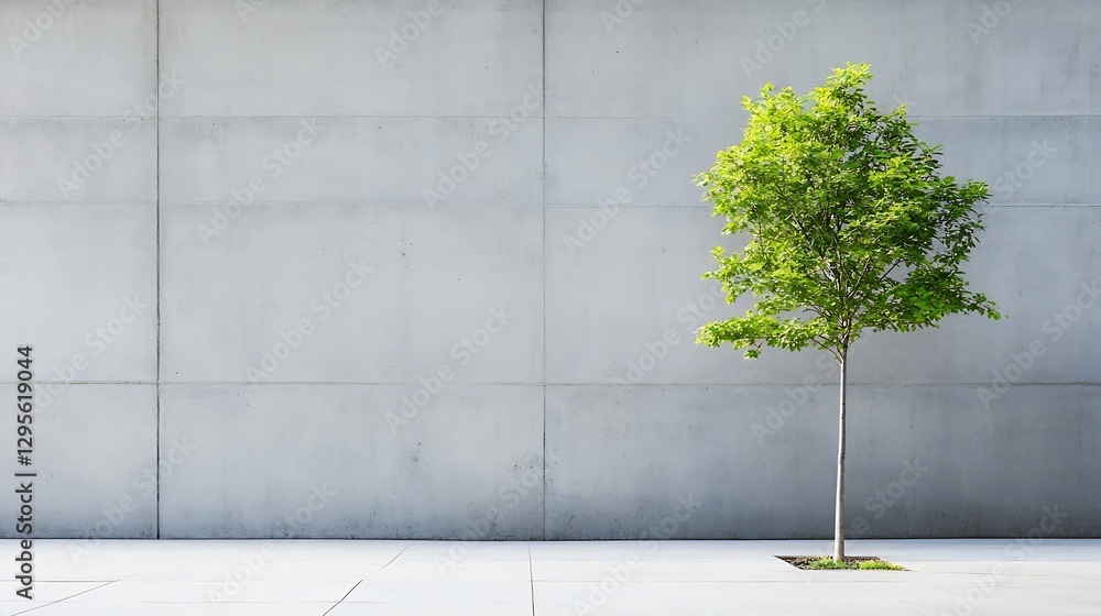Poster lone vibrant green tree standing against a minimalist concrete wall in an urban setting : generative