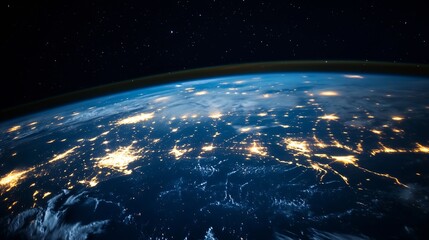 Obraz premium Stunning Aerial View of Earth from Space at Night Showcasing Bright City Lights and Stars : Generative AI