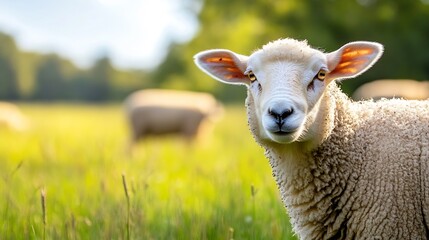 Obraz premium Curious sheep looking at the camera in a peaceful green meadow with other sheep grazing : Generative AI