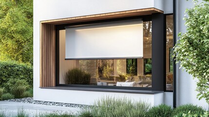 Modern exterior window with retractable awning. Ideal for showcasing sun protection and architectural design.