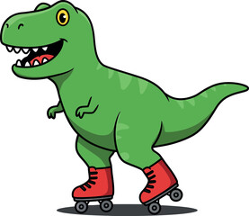 Naklejka premium Green cartoon dinosaur wearing red roller skates joyfully skating on a smooth surface in a playful and whimsical vector illustration