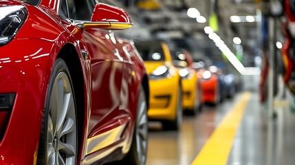 Hightech modern electric cars lined up in a factory showcasing vibrant colors in an industrial setting : Generative AI