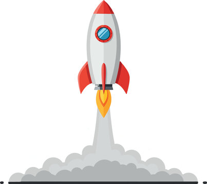 A sleek, red and white rocket launching upwards surrounded by clouds in a minimal flat design vector art