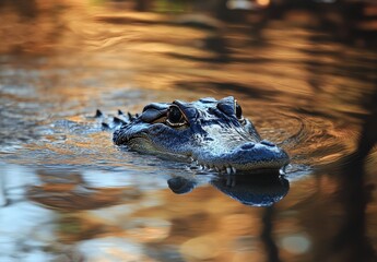 Obraz premium Close-Up View of an Alligator Swimming in Calm Waters Surrounded by Beautiful Natural Reflections and Warm Tones of Light in the Background