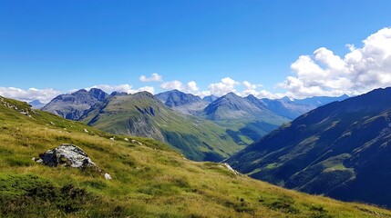 Obraz premium Stunning view of majestic mountains under a clear blue sky at daylight with lush greenery : Generative AI