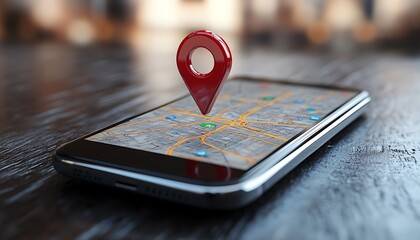 A smart phone shows location using red map pin on screen