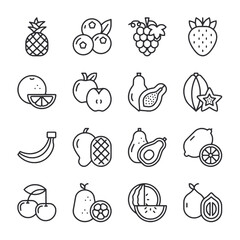A set of fruit icons in black and white