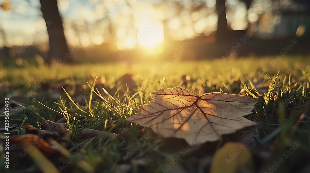 Poster autumn scene with a fallen leaf glimmering in the golden sunlight : generative ai