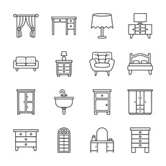 A set of furniture icons including a bed, dresser, and couch