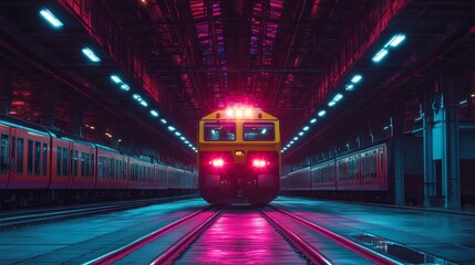 Fototapeta premium A train pulls into a railway depot, bathed in the glow of overhead lights, highlighting the industrial architecture