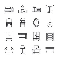A set of furniture icons including a bed, dresser, desk, and table