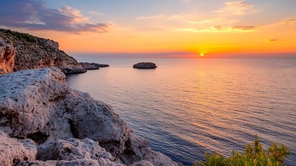 Stunning sunset view over calm ocean waters with rocky cliff formations : Generative AI