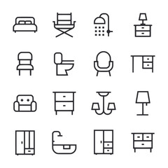 A set of furniture icons including a bed, chair, and table