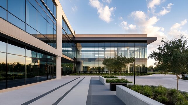 Contemporary office building featuring distinctive architectural style and lush green areas : Generative AI