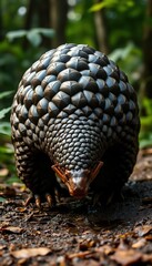 Fototapeta premium pangolin mid-stride in a lush rainforest, its strong claws gripping the damp earth