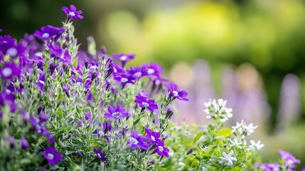 Vibrant Purple Flowers Blooming in a Lush Green Garden in Spring : Generative AI