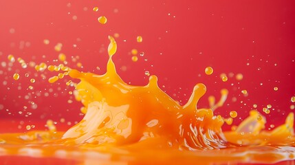 A colorful splash of orange juice creating droplets on a solid red background.