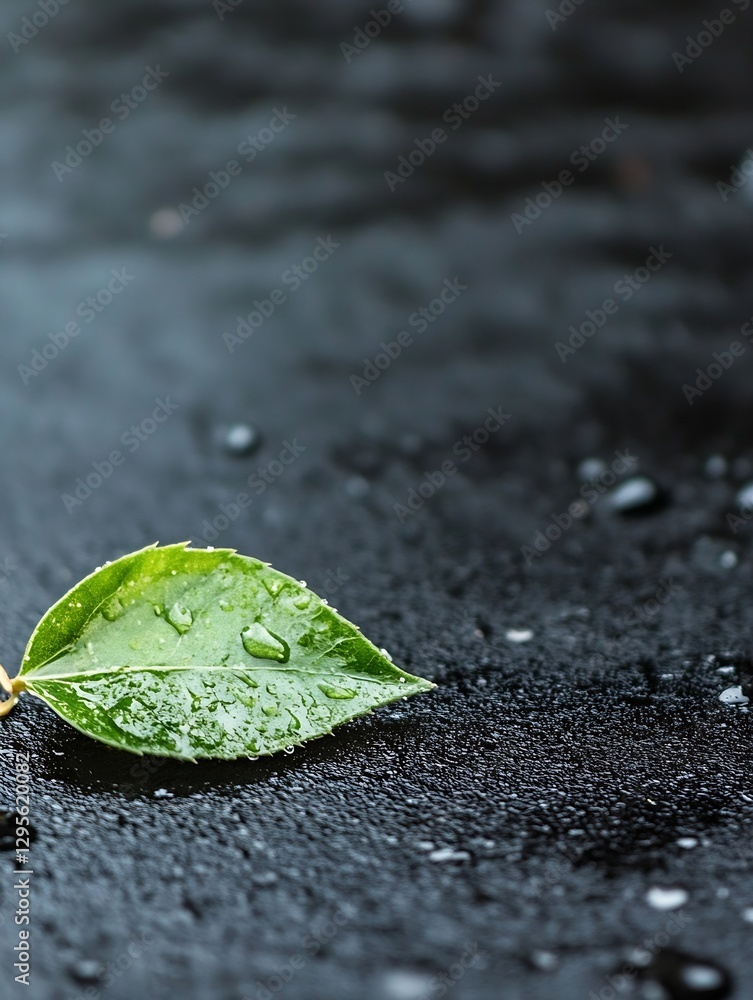 Aufkleber fresh green leaf with water droplets resting on dark textured surface : generative ai