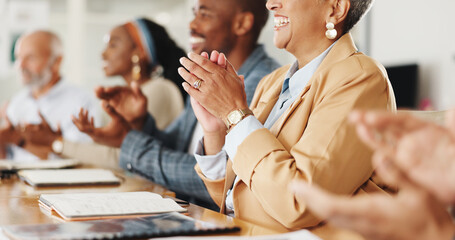 Business people, applause and group with hands in meeting with cheers, training or agreement for...