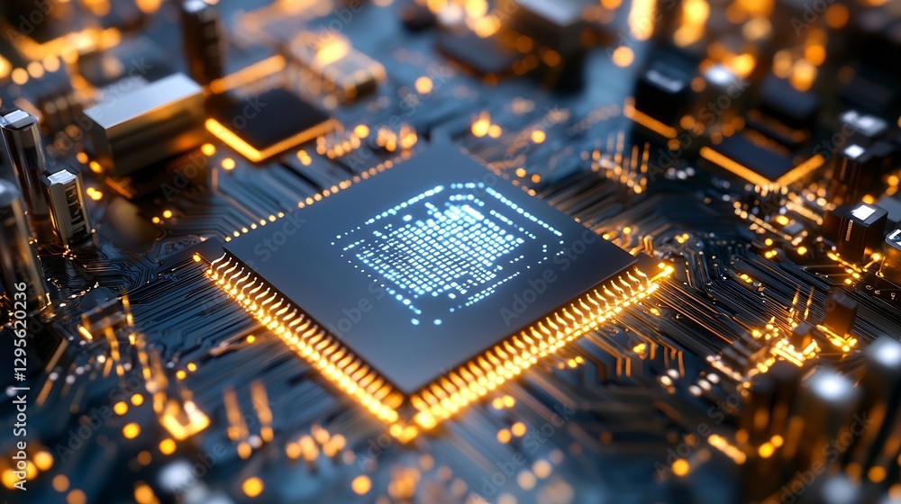 Poster Detailed Image of a Modern Microchip Circuit Board with Vibrant LED Lights and High-Tech Elements : Generative AI