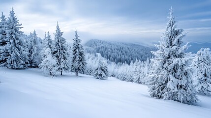 Winter wonderland scene featuring snowcovered trees against a soft blue sky with distant mountains : Generative AI