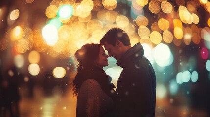 Romantic Couple Kissing in Snowy City at Night