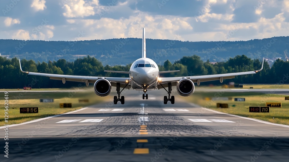 Poster Airliner Landing on a Runway Surrounded by Lush Green Fields : Generative AI