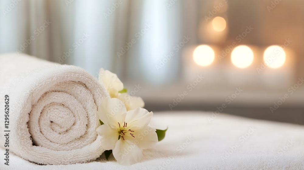 Aufkleber rolled white towel with fresh flower placed in a cozy spa setting among soft candlelight : generativ