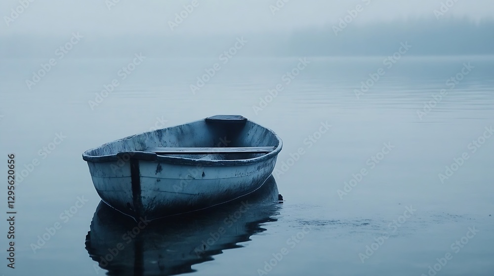 Poster Lonely boat docked on calm water in foggy atmosphere creating serene mood : Generative AI