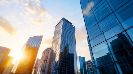Fototapeta premium Modern skyscrapers under a stunning sunset sky with vibrant colors and reflective glass windows : Generative AI
