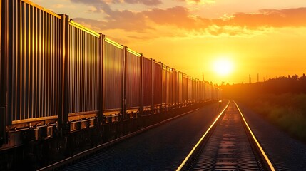 Fototapeta premium Stunning Sunset Over Train Tracks and Freight Cars Silhouetted Against the Golden Sky : Generative AI