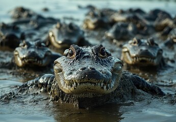 Fototapeta premium Close-up View of Multiple Crocodiles Swimming in Murky Water, Displaying Their Sharp Teeth and Intense Eyes in a Natural Habitat