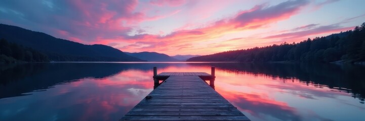 Fototapeta premium Calm Torch Lake waters reflect a tranquil dock extending into the distance , peaceful, Torch Lake, water