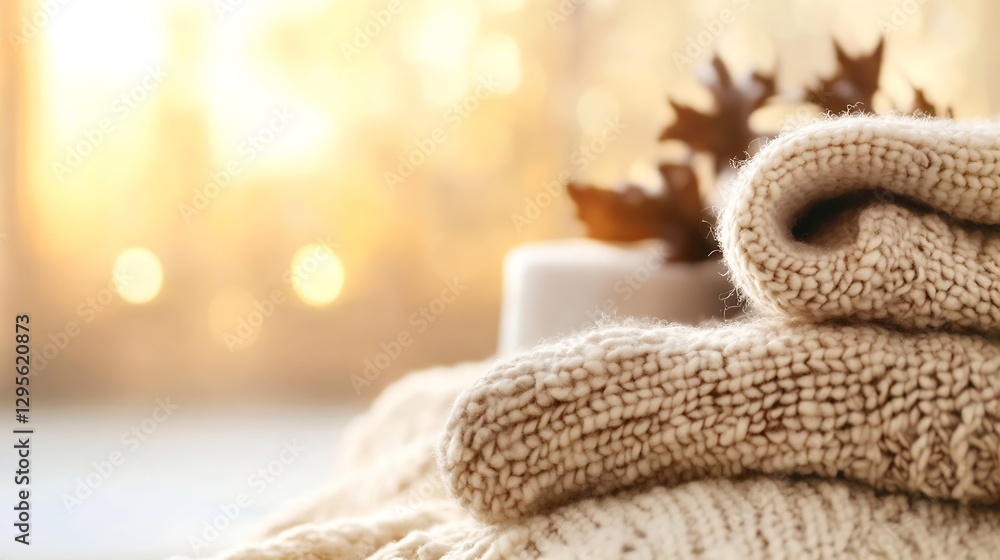 Aufkleber warm knitted blankets and cozy candles in a soft light creating a relaxing autumn or winter scene : 