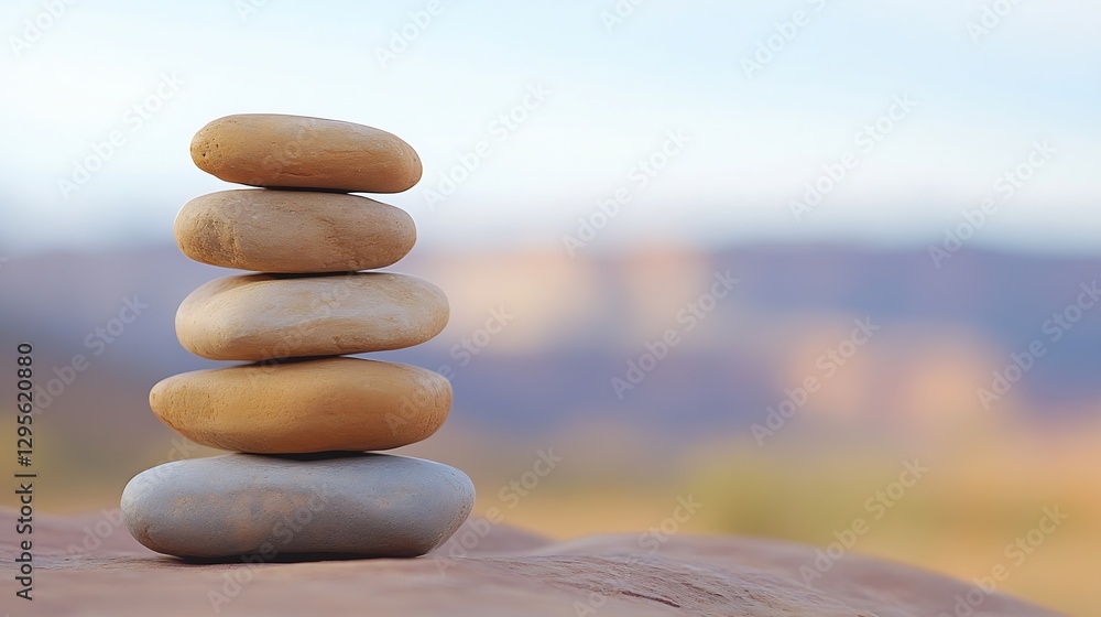Poster Carefully balanced smooth stones stacked vertically on a natural background symbolizing tranquility : Generative AI