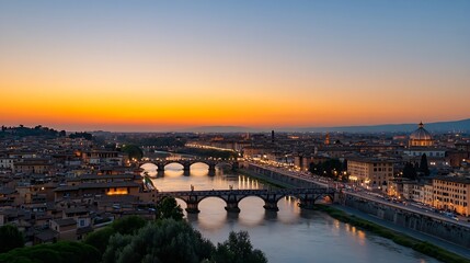 Stunning sunset over Florence city with bridges and river reflecting warm glow : Generative AI