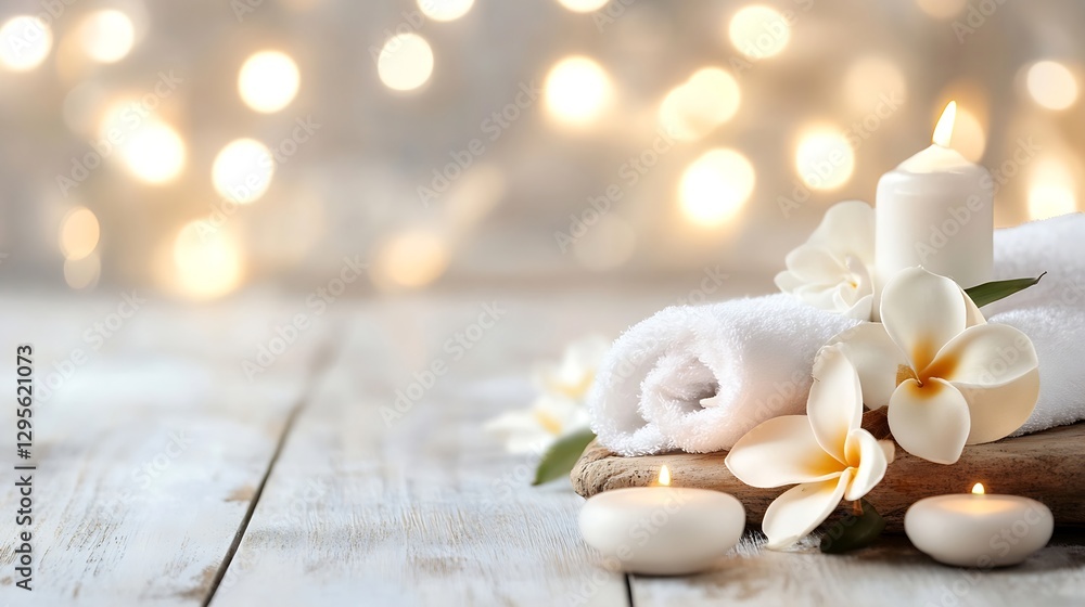 Poster relaxing spa setting with candles towels and flowers on a wood surface : generative ai